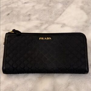 Prada Black Quilted Zip-Around Wallet with Gold Emblem